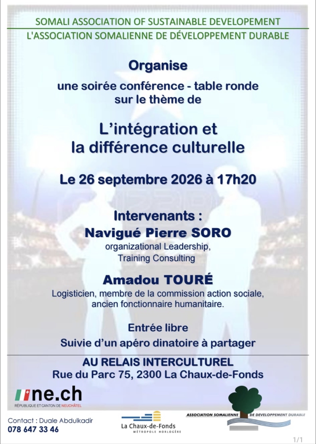 Flyer de la conférence-table ronde « L’intégration et la différence culturelle », le 26 septembre 2026 à La Chaux-de-Fonds