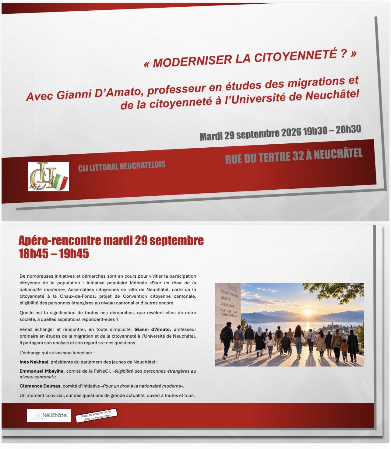 Affiche de l’apéro-rencontre « Moderniser la citoyenneté ? », le 29 septembre 2026 à Neuchâtel